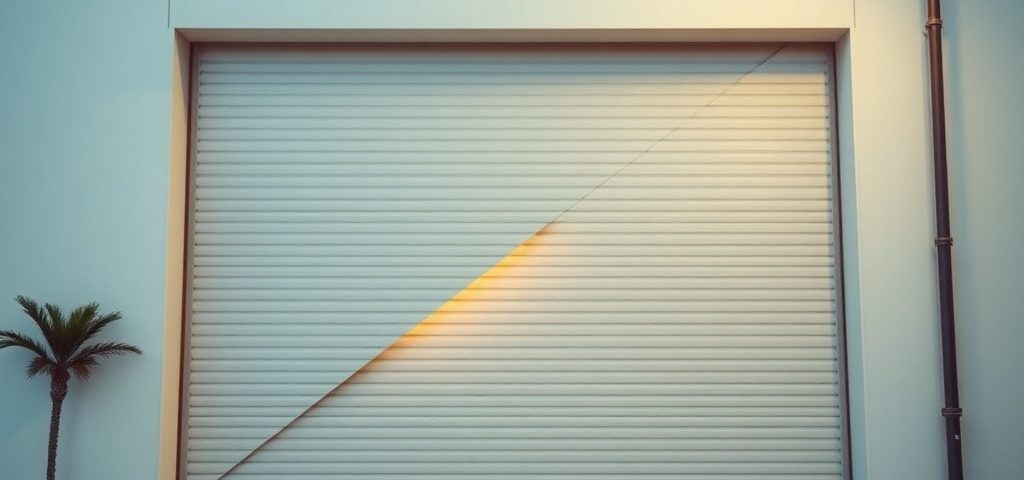 Puerta de garaje monolítica con una rendija, herramienta en primer plano; sugiere "Donde puedo contratar una reparacion urgente de puertas de garaje en Barcelona". Puerta de garaje monolítica con una rendija, herramienta en primer plano; sugiere "Donde puedo contratar una reparacion urgente de puertas de garaje en Barcelona".