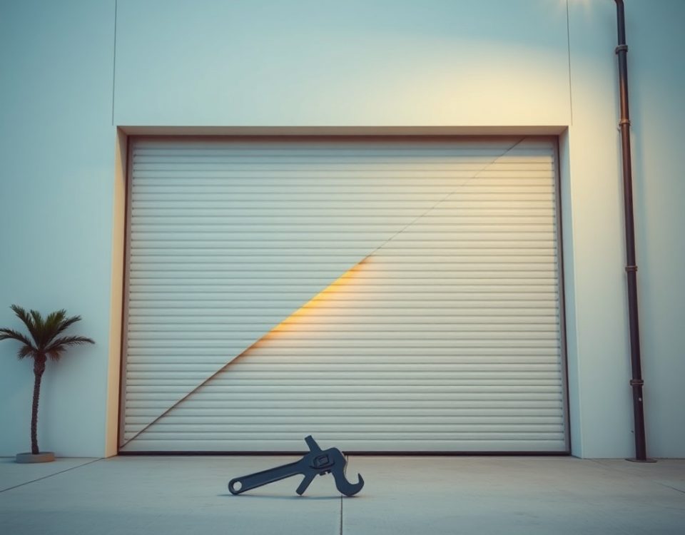 Puerta de garaje monolítica con una rendija, herramienta en primer plano; sugiere "Donde puedo contratar una reparacion urgente de puertas de garaje en Barcelona".