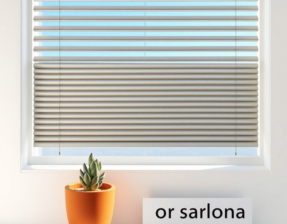 Persianas metálicas en un entorno Bauhaus, con un cactus en maceta de terracota; ideales para Barcelona.