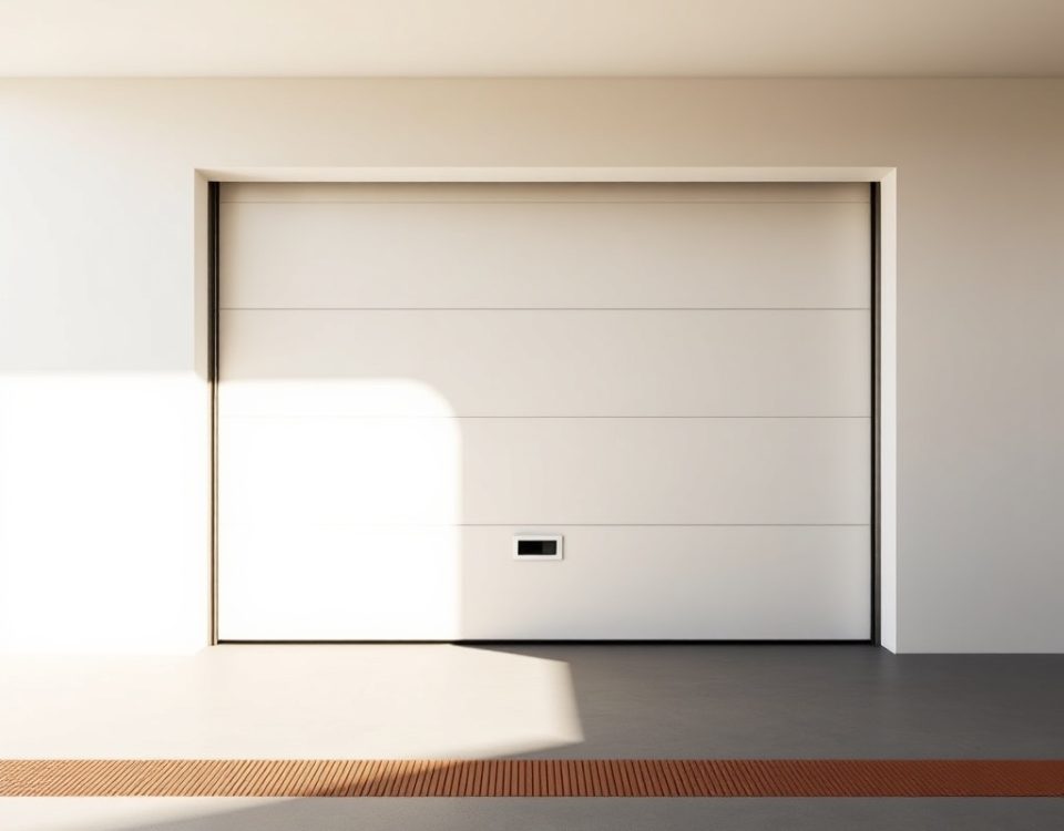 Puerta de garaje automática en un fondo minimalista de Barcelona; ideal para quienes buscan "Donde puedo contratar la instalacion de puertas de garaje automaticas en Barcelona".