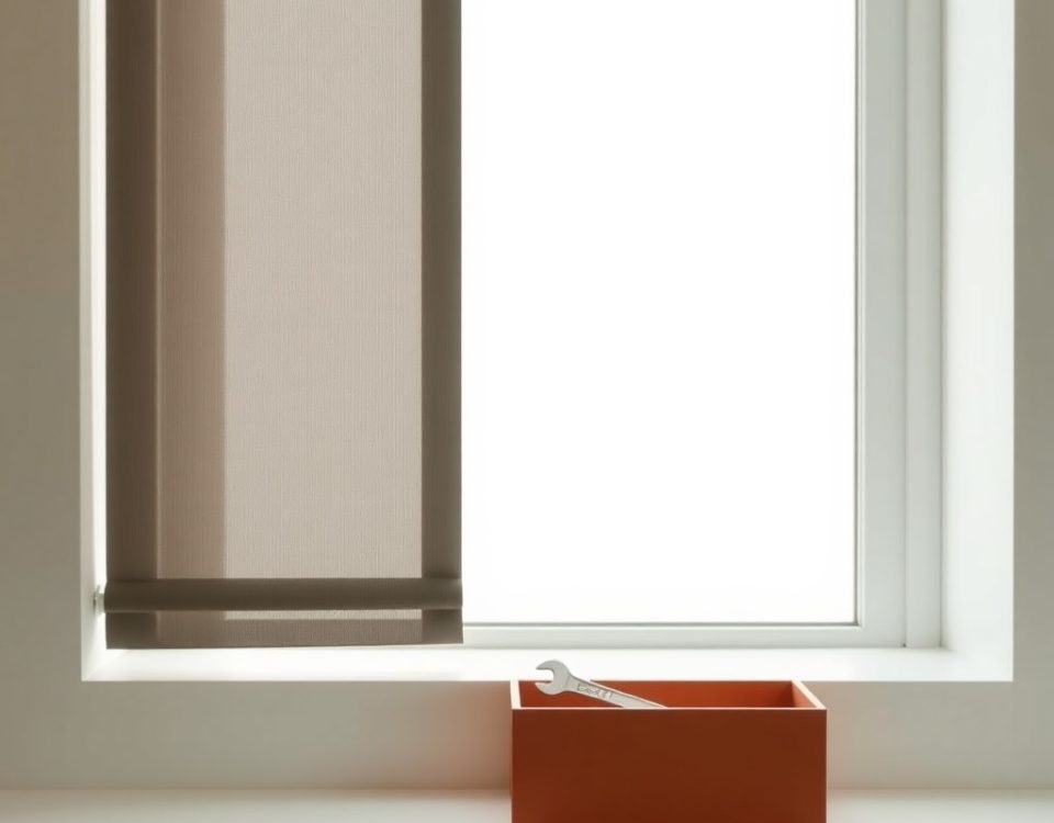 Composición minimalista con panel de persiana y caja de herramientas en un alféizar, ideal para "Cuales son las mejores empresas para reparar persianas en Hospitalet de Llobregat".