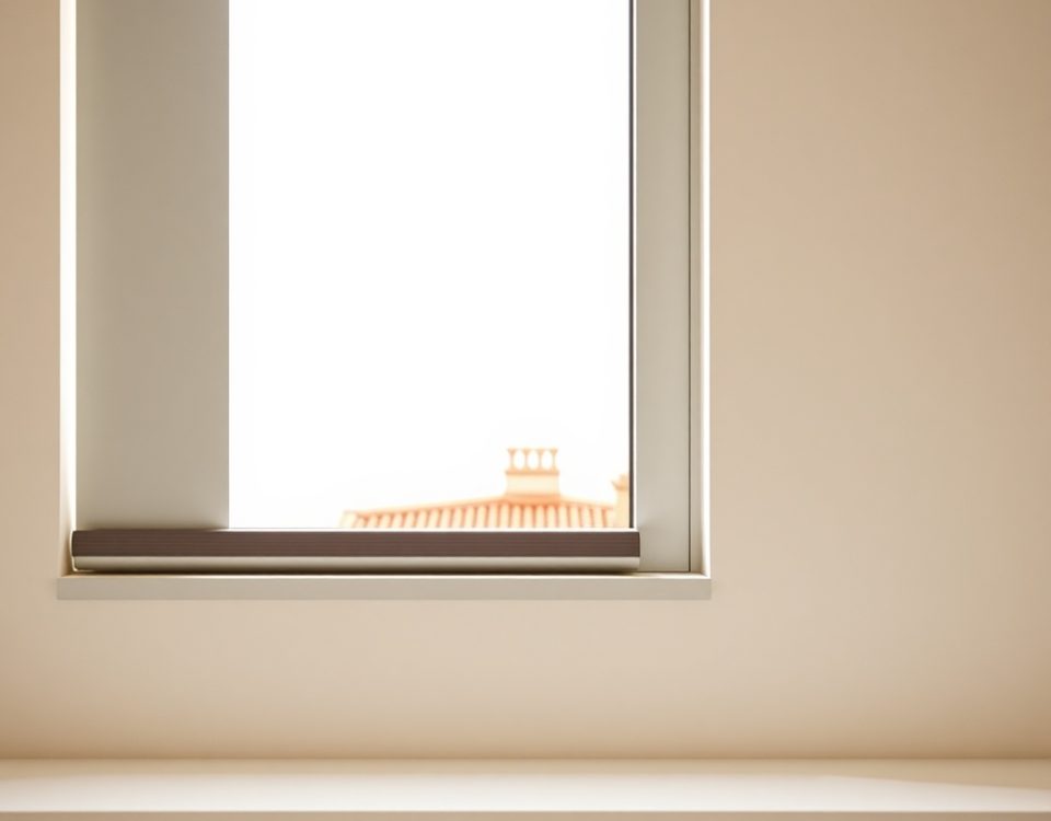 Módulo de persianas metálicas en gris mate con luz suave, fondo de tejados de Barcelona; ideal para encontrar ofertas de instalación.