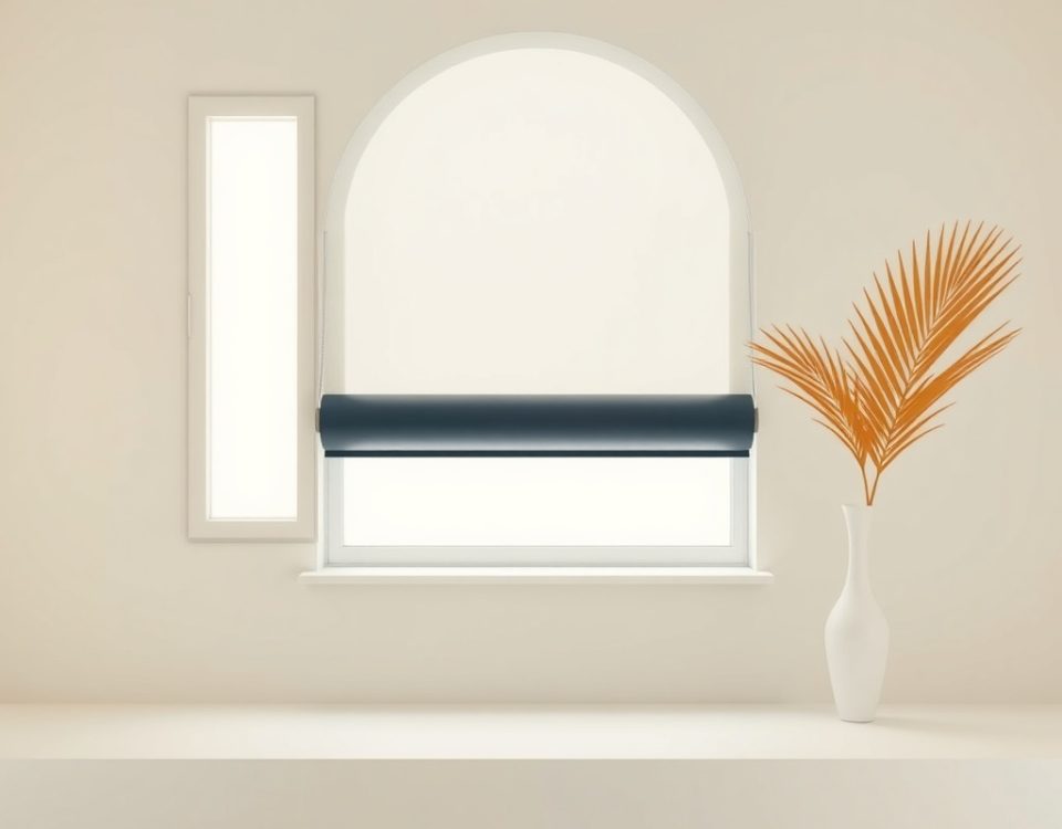 Escena minimalista con persiana enrollable en Barcelona, sugiriendo confiabilidad en reparación de persianas automáticas.