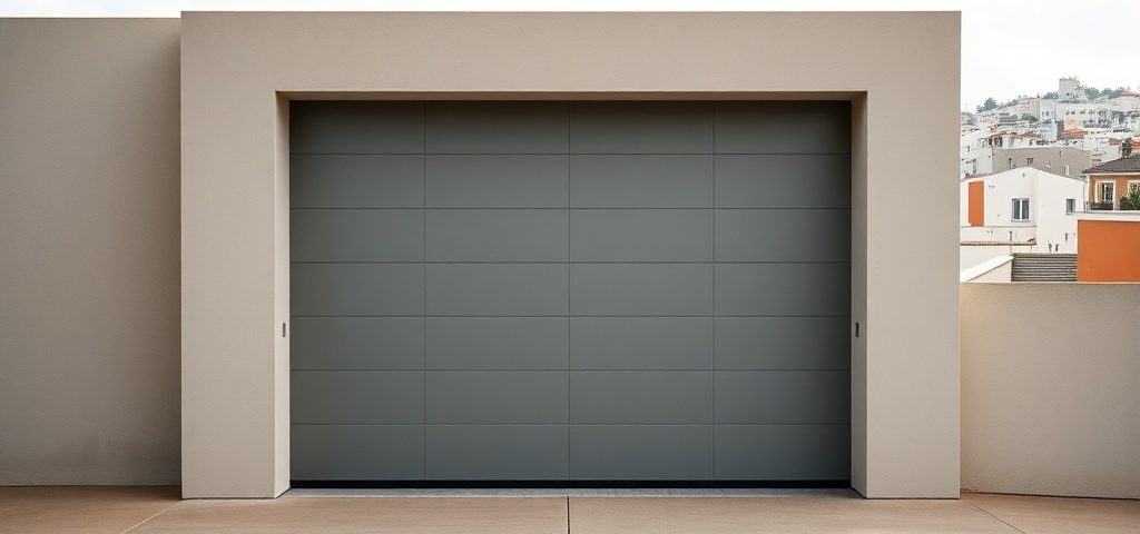 Escena Bauhaus con puerta de garaje geométrica en Hospitalet de Llobregat; luz suave y movimiento implícito. Donde puedo encontrar servicio de instalacion de puertas de garaje en Hospitalet de Llobregat.