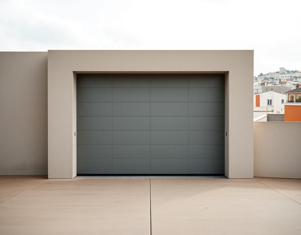 Escena Bauhaus con puerta de garaje geométrica en Hospitalet de Llobregat; luz suave y movimiento implícito. Donde puedo encontrar servicio de instalacion de puertas de garaje en Hospitalet de Llobregat.