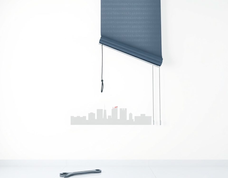 Panel de persiana roto con una llave de acero en un fondo de Hospitalet de Llobregat. Donde contratar una reparacion urgente de persianas en Hospitalet de Llobregat.