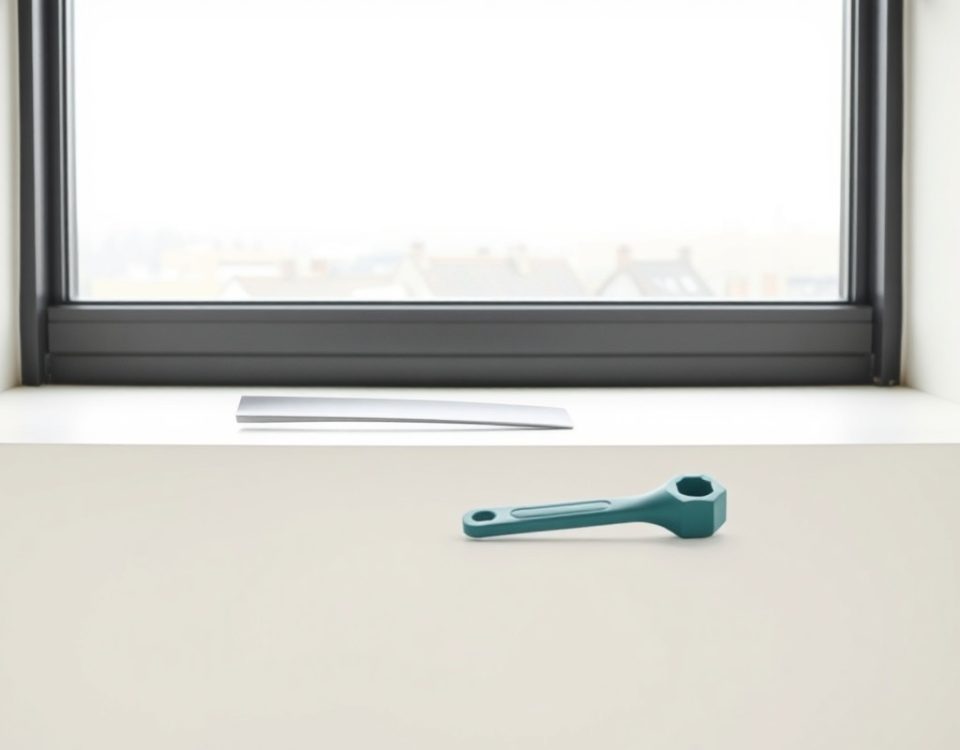 Un listón de persiana de aluminio y una llave hexagonal en un fondo blanco, reflejando la pregunta: "Cuales son los precios mas competitivos para la reparacion de persianas metalicas en Hospitalet".