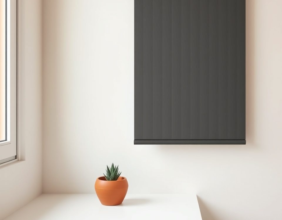 Panel de persiana metálica inclinada sobre un alféizar blanco, con una maceta de terracota y un suculenta. Donde puedo comprar persianas metalicas de alta calidad en Hospitalet.