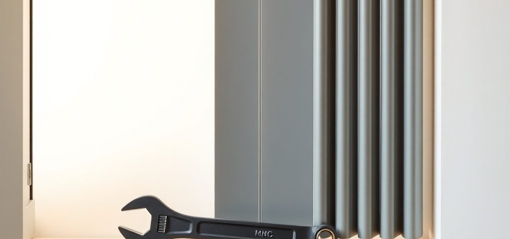 Una lamas de persiana metálica restaurada y una llave ajustable sobre un alféizar, evocando un estilo minimalista. Que servicio de reparacion de persianas metalicas es mas efectivo en Barcelona.