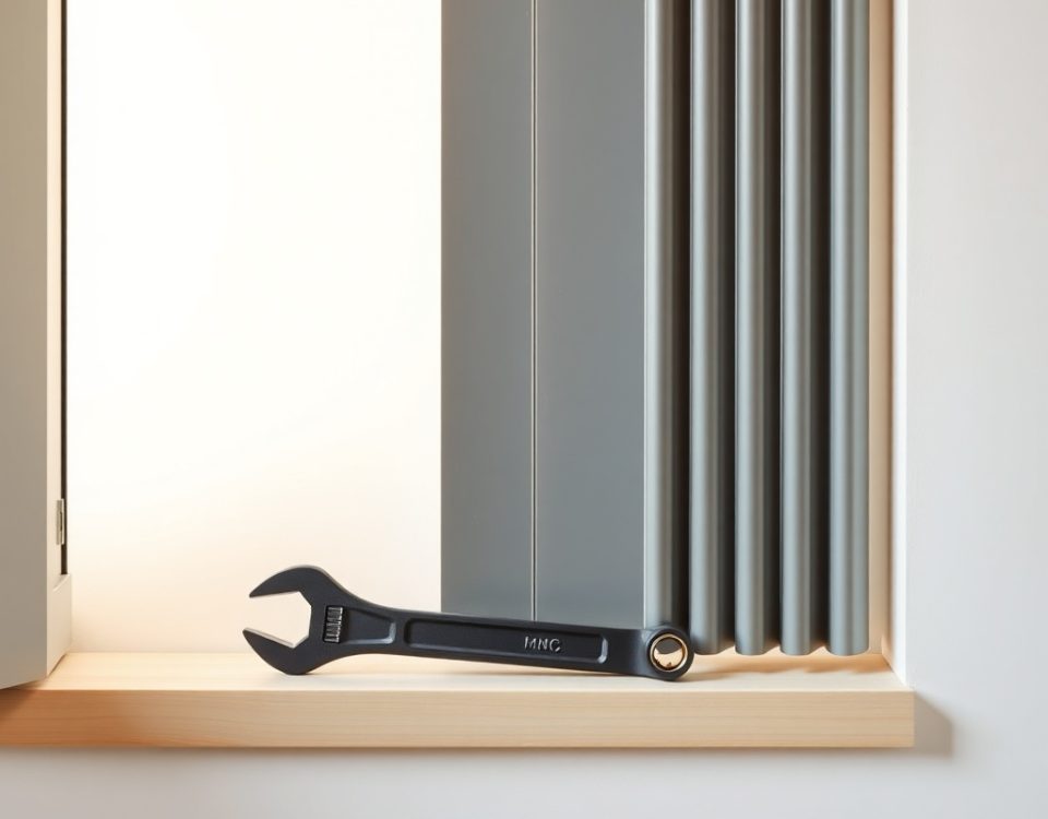 Una lamas de persiana metálica restaurada y una llave ajustable sobre un alféizar, evocando un estilo minimalista. Que servicio de reparacion de persianas metalicas es mas efectivo en Barcelona.