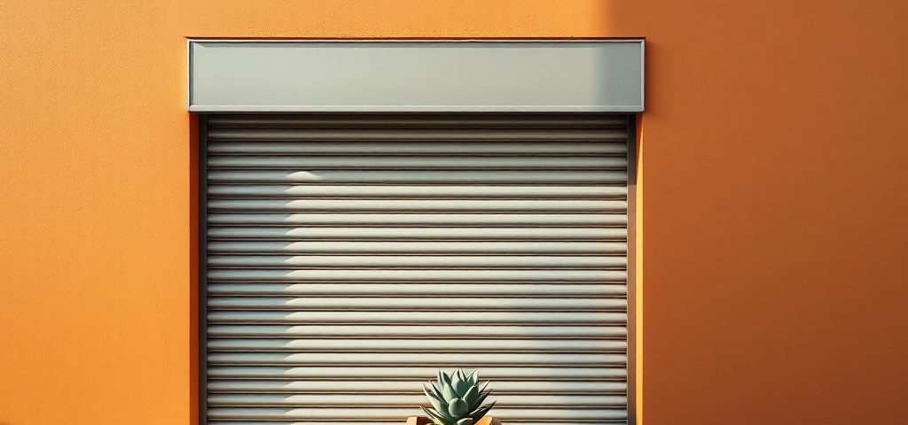 Persiana metálica cerrada en una pared ocre de Barcelona, con un pequeño cactus en primer plano. Que servicio de reparacion de persianas metalicas es mas efectivo en Barcelona.