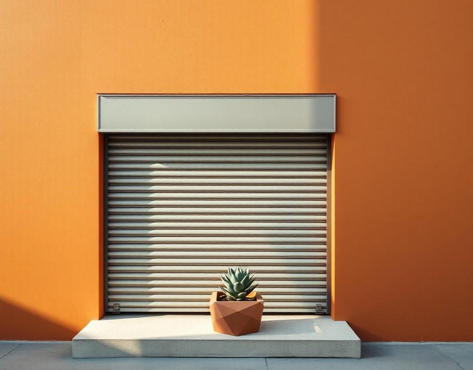 Persiana metálica cerrada en una pared ocre de Barcelona, con un pequeño cactus en primer plano. Que servicio de reparacion de persianas metalicas es mas efectivo en Barcelona.