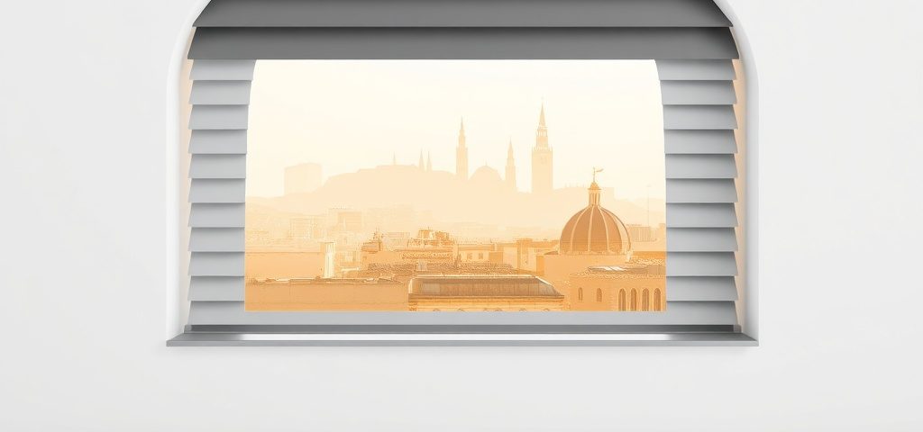 Persiana metálica anodizada en un fondo blanco, con silueta de techos de Barcelona; ideal para Cuales son las mejores empresas para la instalacion de persianas metalicas en Barcelona.