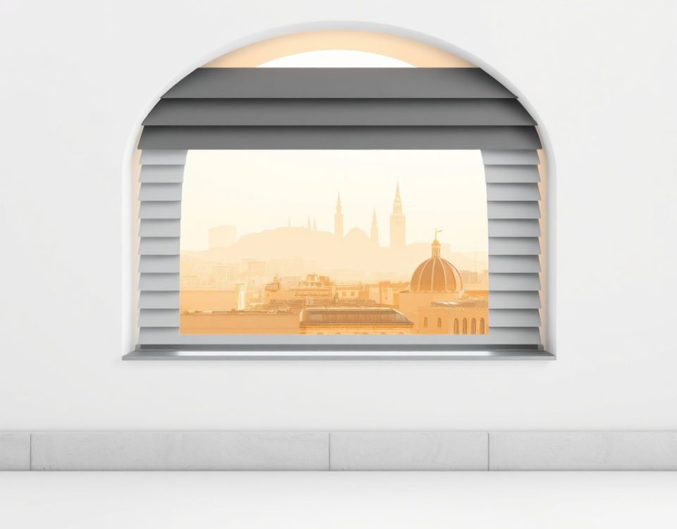 Persiana metálica anodizada en un fondo blanco, con silueta de techos de Barcelona; ideal para Cuales son las mejores empresas para la instalacion de persianas metalicas en Barcelona.