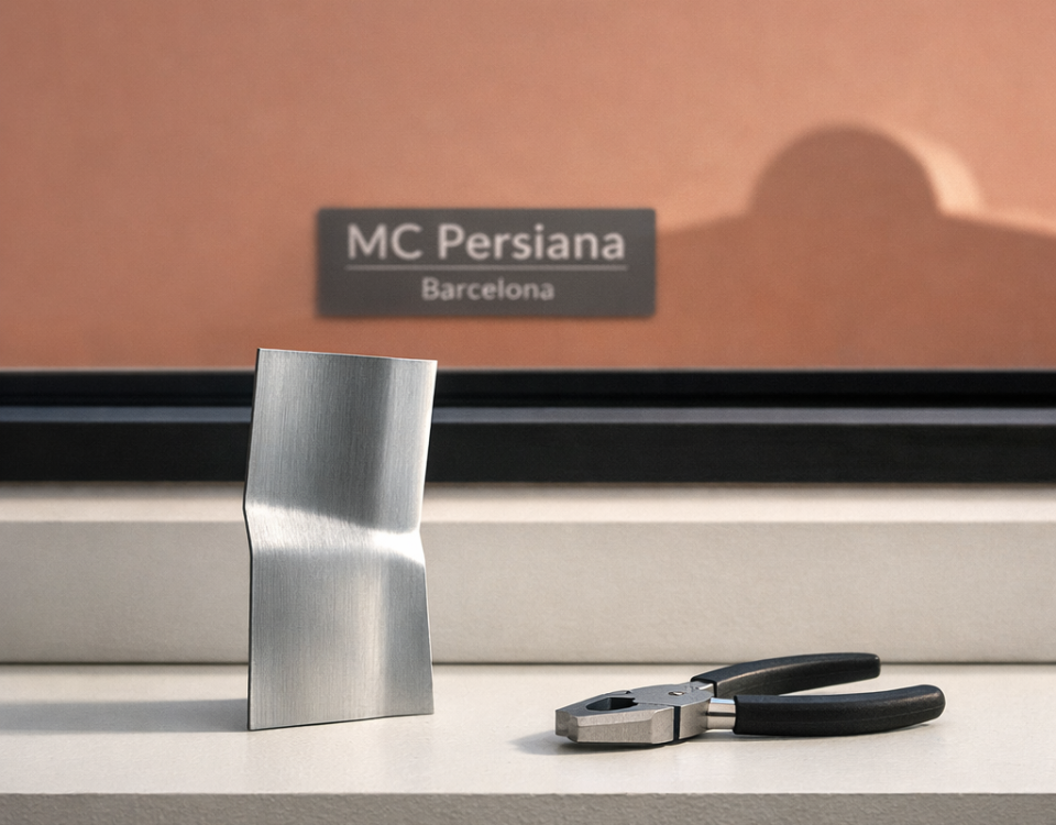 Un listón de persiana de aluminio en una repisa blanca, junto a unas tenazas, evoca el costo promedio para reparar persianas metálicas en Barcelona.