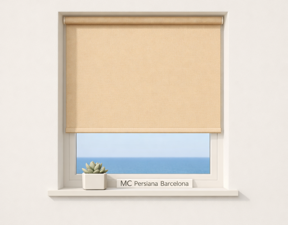 Escena geométrica con persiana rectángulo y planta abstracta, reflejando calma; mejores servicios de instalación de persianas en Badalona.