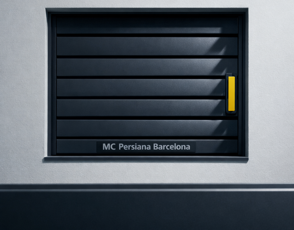 Composición Bauhaus con ventana rectangular, persianas de seguridad y un pestillo amarillo; pregunta sobre opciones efectivas.