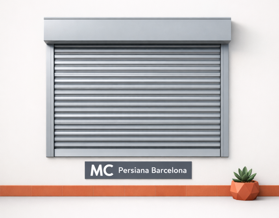 Persiana metálica comercial gris centrada sobre fondo blanco, con maceta de suculenta y base terracota, minimalista y serena. Cuales son las persianas metalicas mas recomendadas para locales comerciales en Barcelona.
