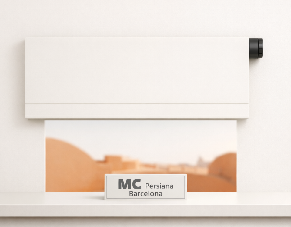 Persiana automática geométrica en blanco mate con motor de carbón, en un ambiente minimalista y cálido de Barcelona. Donde puedo comprar las persianas automaticas mas seguras en Barcelona.
