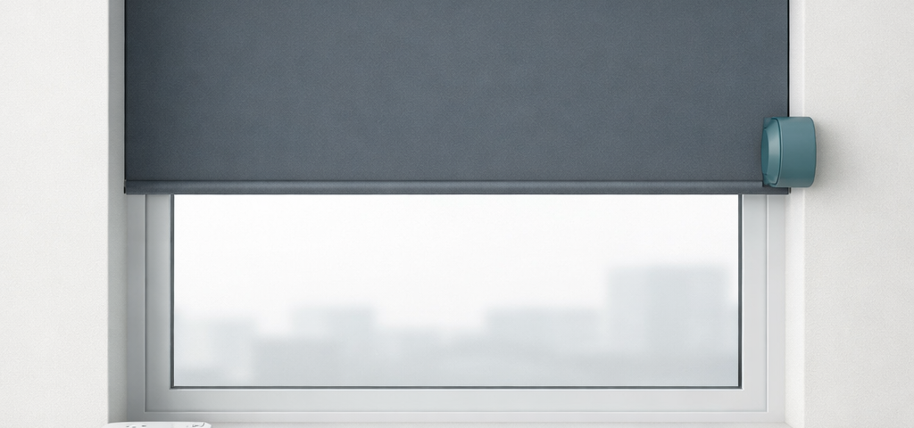 Composición geométrica con ventana, persiana gris y módulo motor teal; ideal para empresas que ofrecen la mejor instalación de persianas automáticas en Hospitalet.