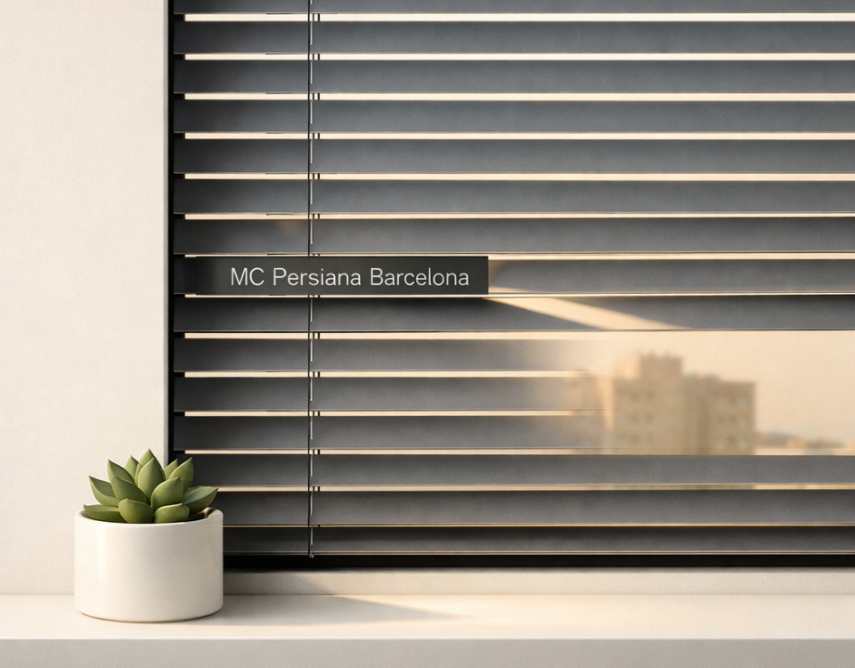 Composición minimalista con persianas metálicas en una ventana; destaca un suculento y la silueta de un edificio en Hospitalet.