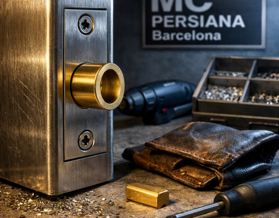 Primer plano tenso de una puerta de acero con un cilindro de alta seguridad, herramientas y ambiente urbano nocturno. Quien ofrece el mejor servicio de cerrajeria para locales comerciales en Barcelona.