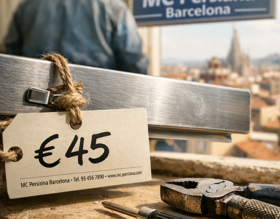 Etiqueta de precio "€45" en un estor metálico, con un operario en el fondo, buscando donde encontrar el mejor precio para la reparacion de persianas metalicas en Barcelona.