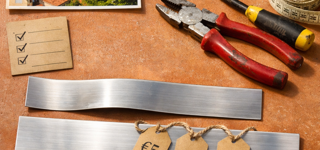 Reparación de persianas metálicas en Barcelona: slats, herramientas y etiquetas de precio en un alféizar de terracota.