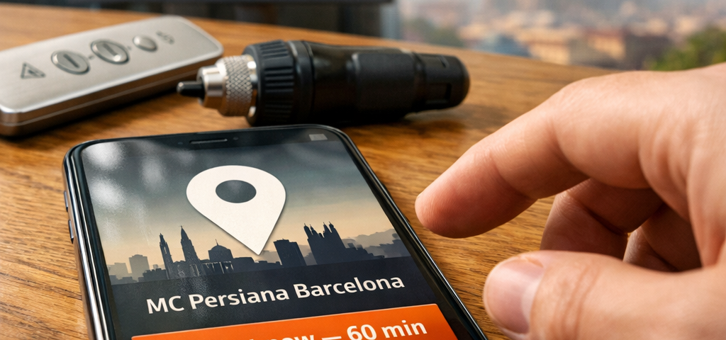 Primer plano de un smartphone negro mostrando "Donde solicitar una instalación urgente de persianas automáticas en Barcelona".