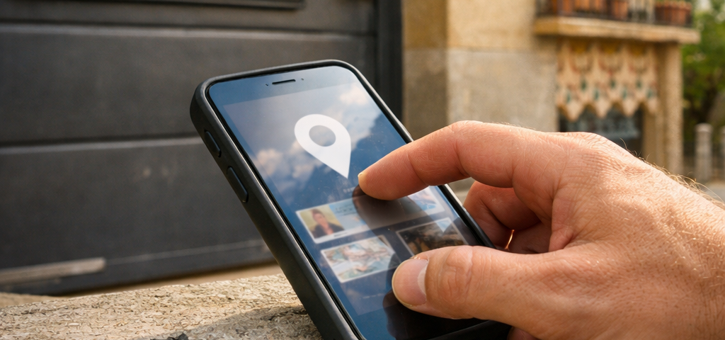 Primer plano de una mano sosteniendo un smartphone, buscando "Donde puedo contratar la instalacion de puertas de garaje en Barcelona".