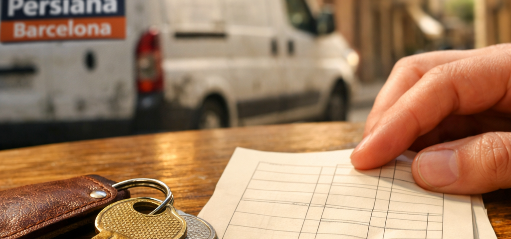 Mano sosteniendo un folleto en una mesa de café, con llaves y un ambiente cálido en Barcelona. Donde conseguir una tarifa competitiva para servicios de cerrajería en Barcelona.