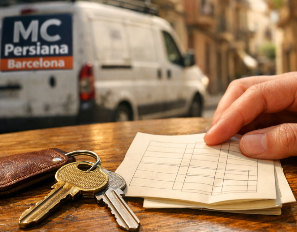 Mano sosteniendo un folleto en una mesa de café, con llaves y un ambiente cálido en Barcelona. Donde conseguir una tarifa competitiva para servicios de cerrajería en Barcelona.