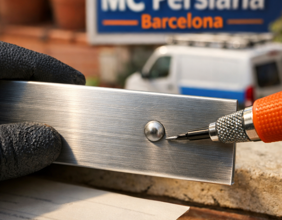 Técnico elige opciones para la reparación de persianas metálicas en Barcelona, enfocándose en un listón de aluminio.