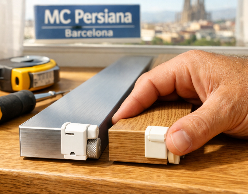 Primer plano del brazo de un instalador sosteniendo muestras de persianas en una ventana, comparativa de servicios de instalacion de persianas en Barcelona.