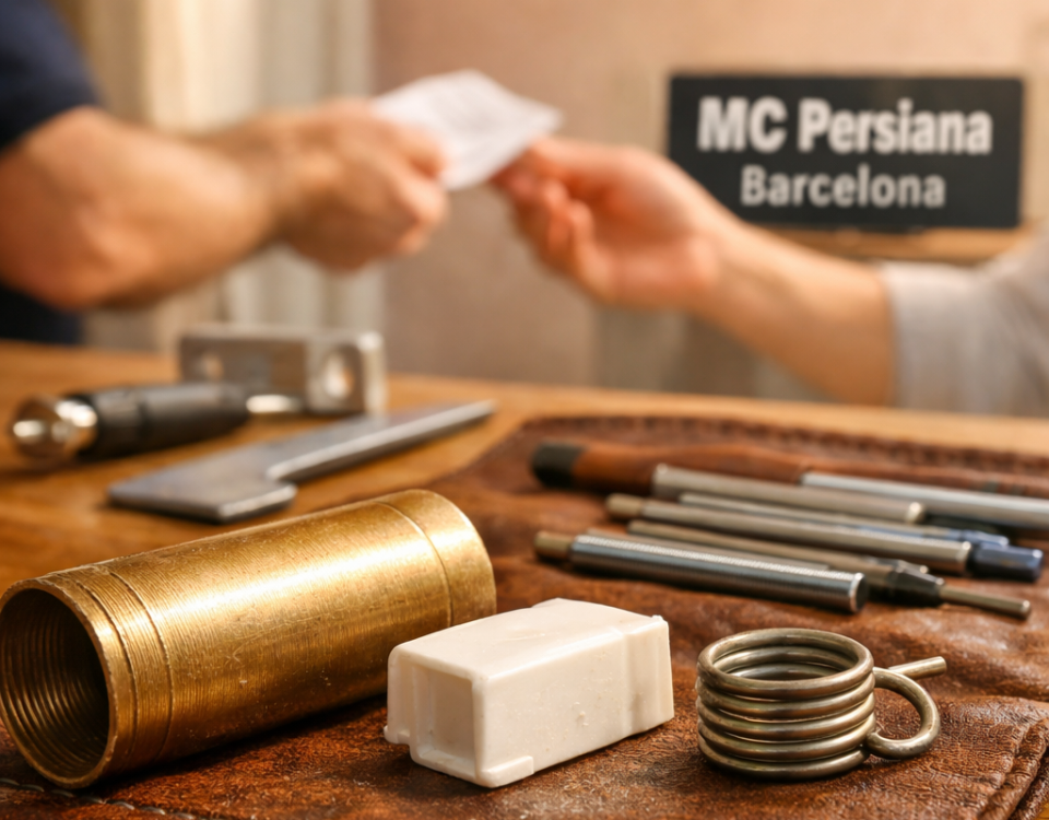 Fotografía macro de herramientas de reparación de persianas en Barcelona, mostrando texturas y un ambiente profesional. Cuales son los servicios de cerrajeria mas recomendados para persianas en Barcelona.