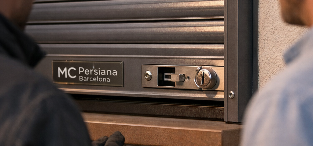 Persiana cerrada con cerradura y cilindro; técnico y dueño observan. Que tipos de cerraduras para persianas ofrecen mayor seguridad