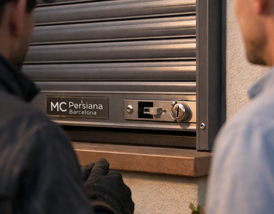 Persiana cerrada con cerradura y cilindro; técnico y dueño observan. Que tipos de cerraduras para persianas ofrecen mayor seguridad