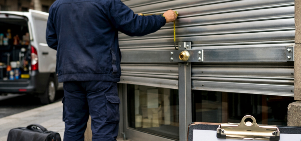 Cerrajero revisa persiana metálica en Barcelona junto a documentos; Encuentra los servicios mas populares para instalar cerraduras de persianas en Barcelona