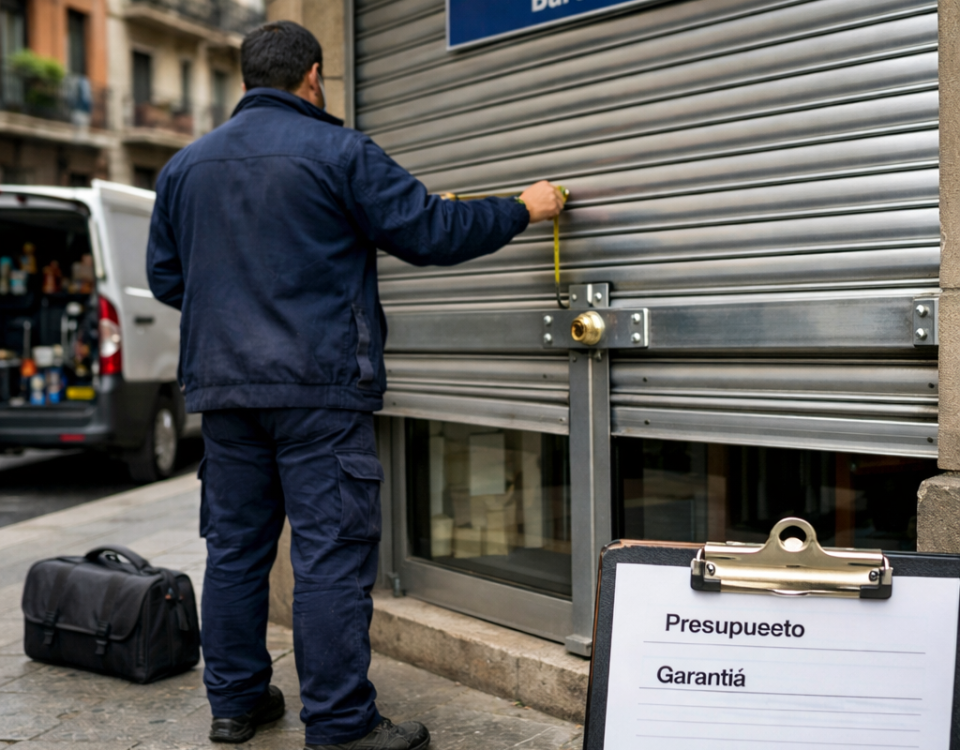Cerrajero revisa persiana metálica en Barcelona junto a documentos; Encuentra los servicios mas populares para instalar cerraduras de persianas en Barcelona