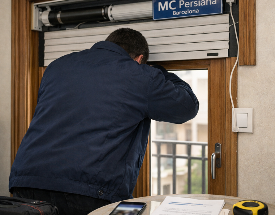 Técnico instala una persiana automática en Barcelona; documentos y móvil muestran la consulta “Cual es el mejor servicio de instalacion de persianas automaticas en Barcelona”.