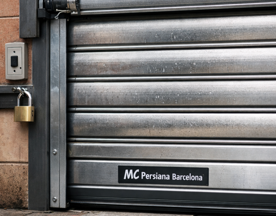 Primer plano de persiana metálica instalada en Barcelona; guía, lamas y cierre inferior. Que persianas metalicas ofrecen la mejor relacion calidad precio en Barcelona