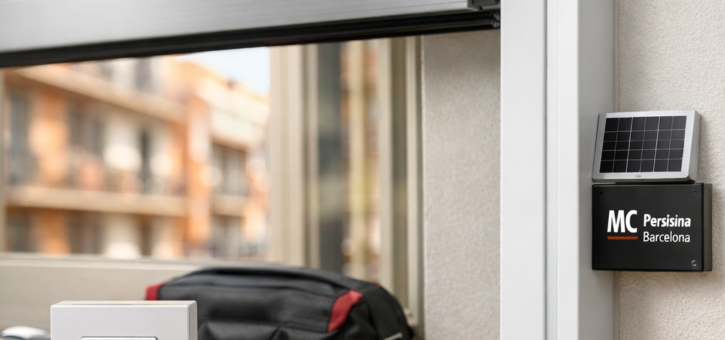 Persiana enrollable moderna en un piso de Barcelona con controles y kit solar; mejores opciones para persianas automaticas en Barcelona