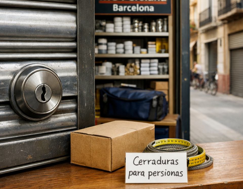 Cerrajero en Barcelona con cilindro instalado, mostrador y letrero: Encuentra donde comprar cerraduras de seguridad para persianas en Barcelona