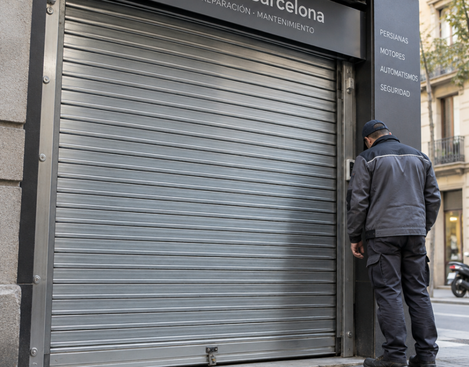 Instalador inspecciona una persiana metu00e1lica cerrada; Que sistemas de seguridad para persianas metalicas recomiendan los expertos