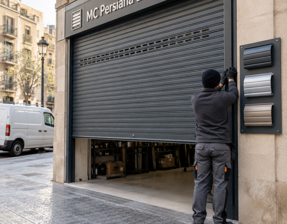Instalador junto a una persiana metu00e1lica gris a medida y muestras de perfiles en la entrada de un garaje en Barcelona.