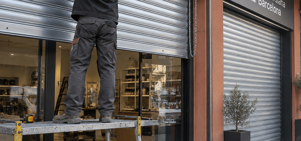 Instalador ajusta una persiana metu00e1lica en un local; muestra opciones perforadas y su00f3lidas: Que opciones existen para instalar persianas metalicas en locales comerciales