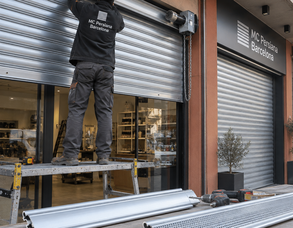 Instalador ajusta una persiana metu00e1lica en un local; muestra opciones perforadas y su00f3lidas: Que opciones existen para instalar persianas metalicas en locales comerciales