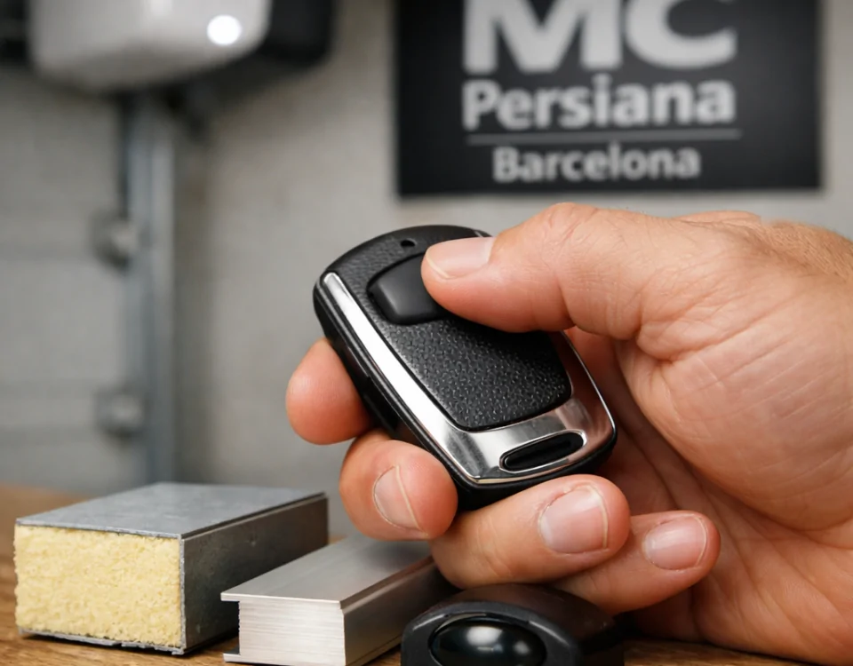 Mano experta sosteniendo un control remoto sobre un banco de trabajo, mostrando "Que puertas de garaje automatizadas recomiendan los expertos".