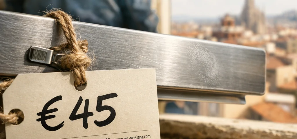 Etiqueta de precio "€45" en un estor metálico, con un operario en el fondo, buscando donde encontrar el mejor precio para la reparacion de persianas metalicas en Barcelona.