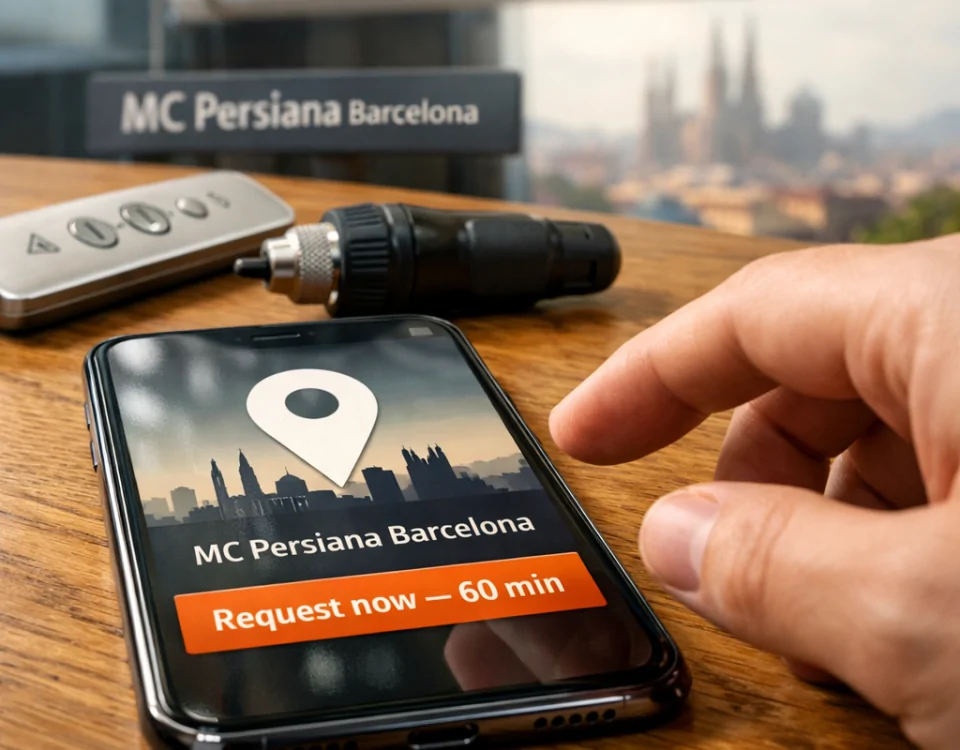 Primer plano de un smartphone negro mostrando "Donde solicitar una instalación urgente de persianas automáticas en Barcelona".